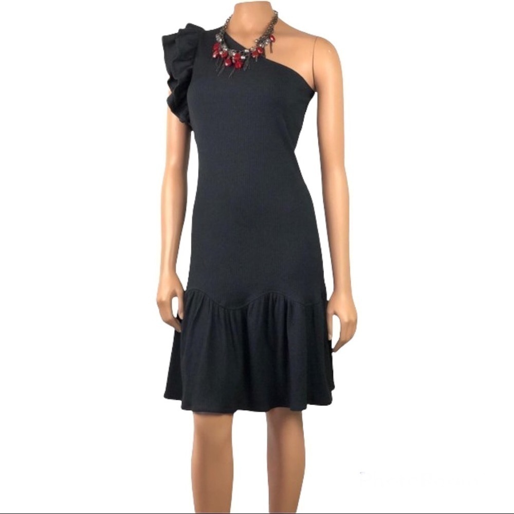 Rebecca Taylor Dress Womens Medium One Shoulder Ruffle Ribbed Stretch Party